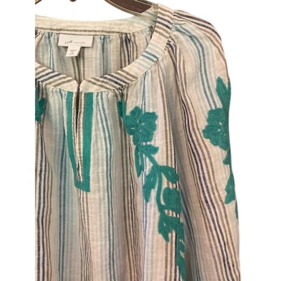 J. Jill 100% Linen StripedBlouse Top 3/4 Sleeves w/ Embroidery Size Small Petite - Picture 3 of 9